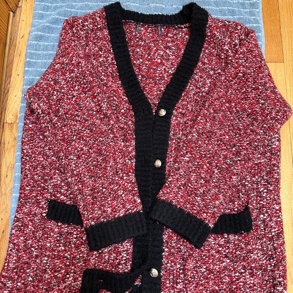 Women's Red and Black Cardigan Sweater - Picture 3 of 5